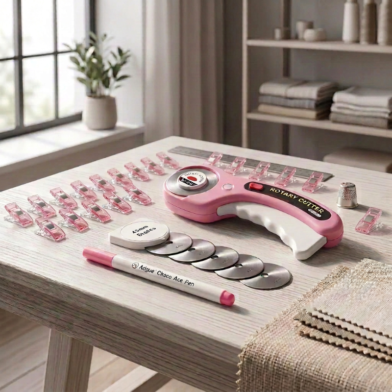 Cutter rose sur une table entouré de ses accessoires