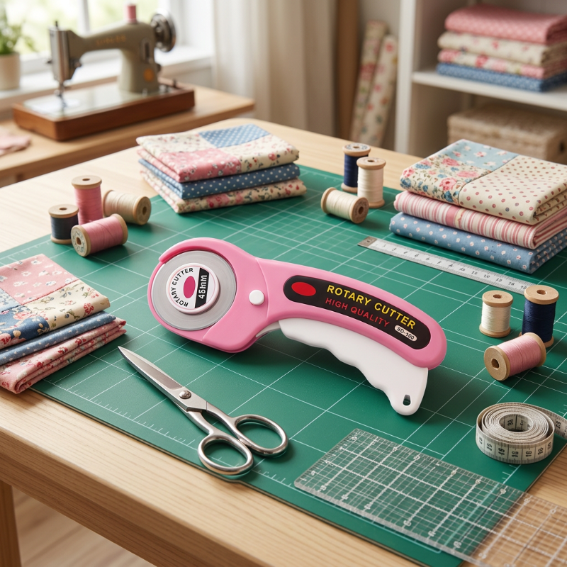Cutter rose sur une table d'atelier de couture