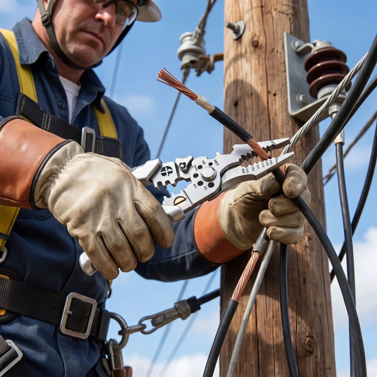 Pince à dénuder avec électricien sur un poteau électrique