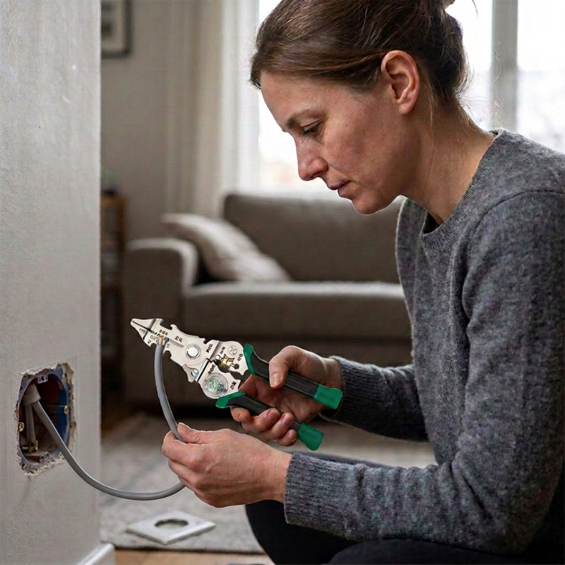 Pince à dénuder tenue par une femme devant une prise électrique