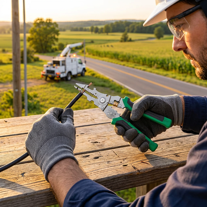 Pince à dénuder utilisée par un électricien sur une route rurale