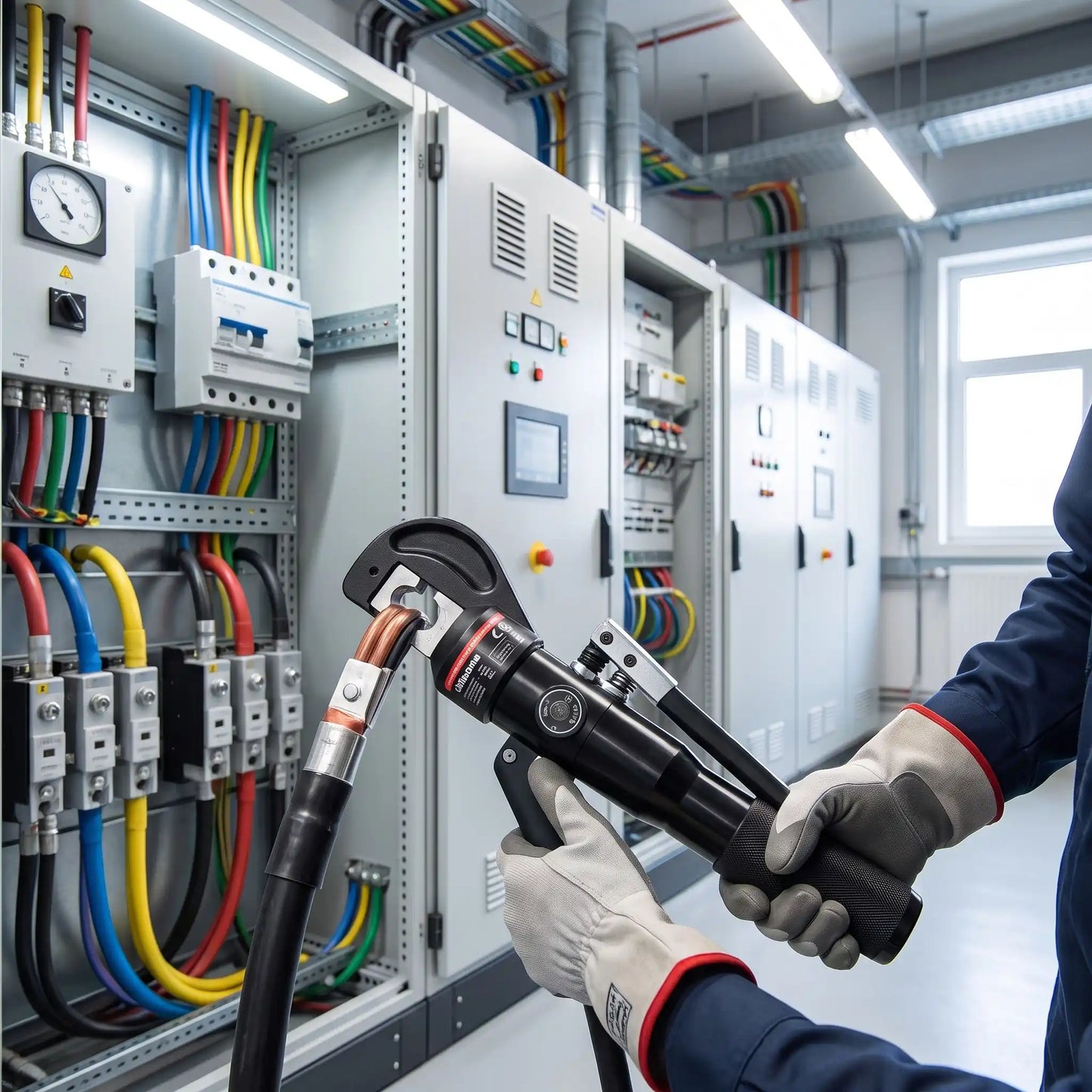Pince  à  sertir hydraulique dans une salle électrique