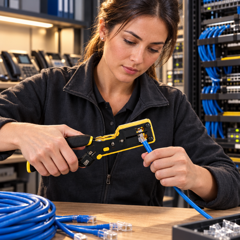 Pince à sertir utilisée par une technicienne  dans un local de téléphonie et  réseau