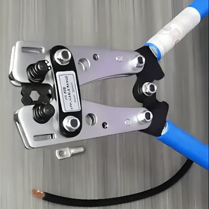 Pince a sertir bleu avec une borne et un cable electrique noir