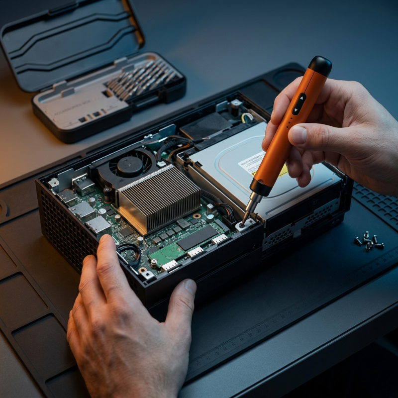 Tournevis électrique orange dévissant une console de jeu