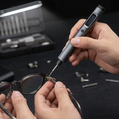 Tournevis électrique réparant une paire de lunette