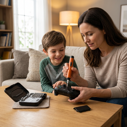 Tournevis électrique tenu par une maman à coté de son fils en réparant une manette de jeu