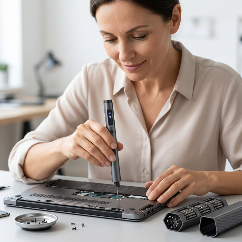 Tournevis électrique tenue par une femme démontant un laptop
