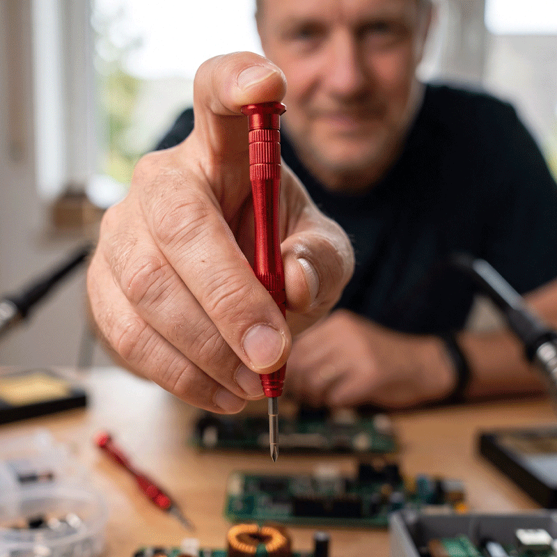 Tournevis rouge réparant plusieurs appareils