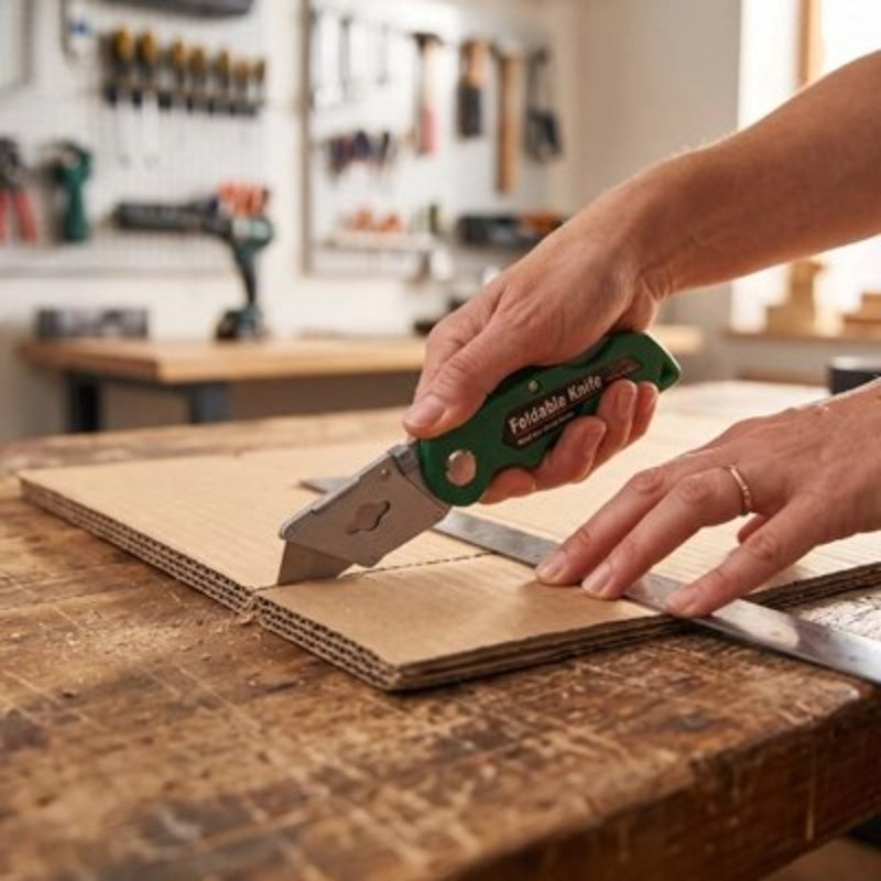 Cutter de couleur verte coupant un morceau de carton