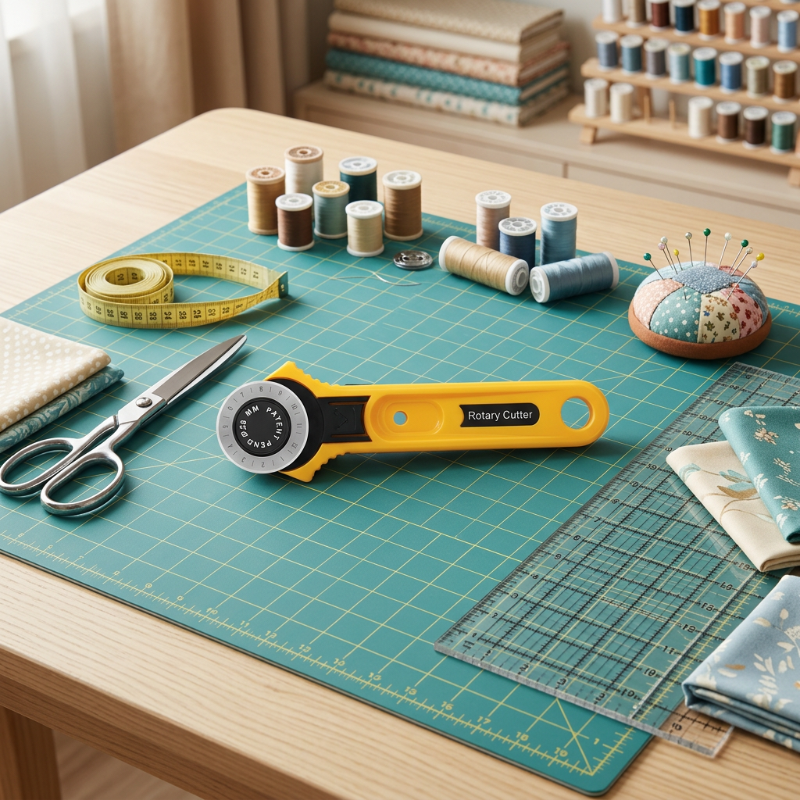 Cutter rotatif et accessoires de couture disposés sur un plan de travail