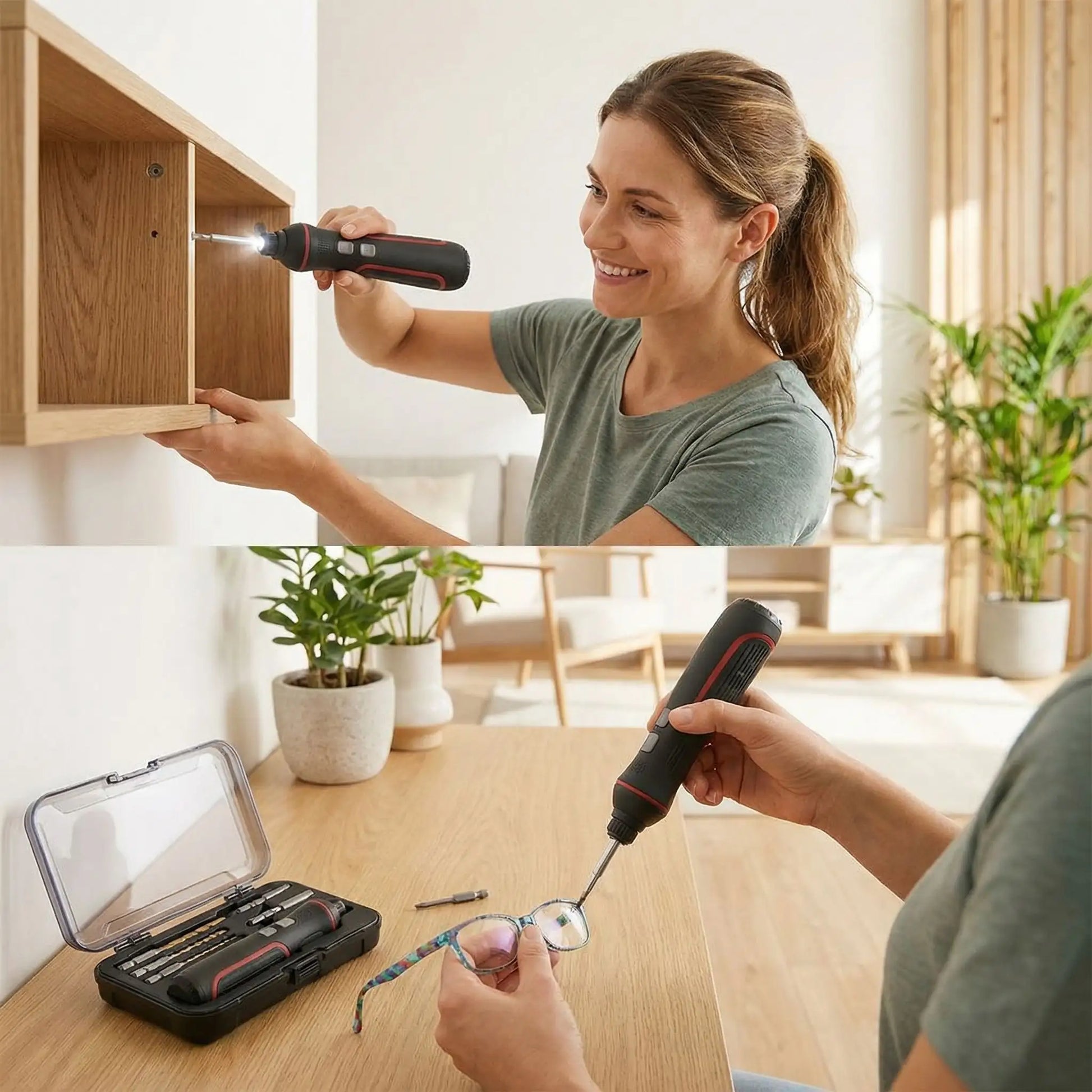 femme avec tournevis électrique fixe étagère et lunette