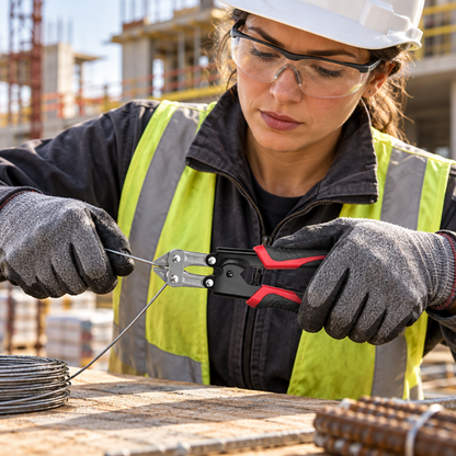 Femme utilisant la pince coupante sur un chantier de construction