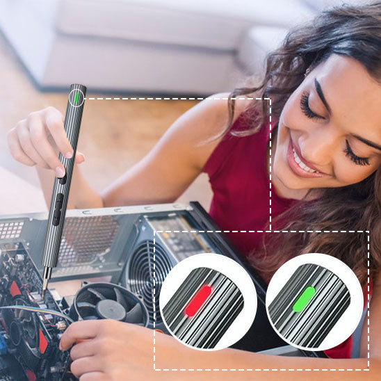 femme utilise tournevis electrique sur ordinateur