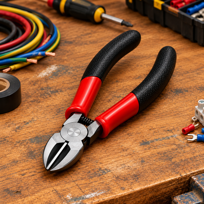 Pince coupante rouge et noire sur un établi en bois