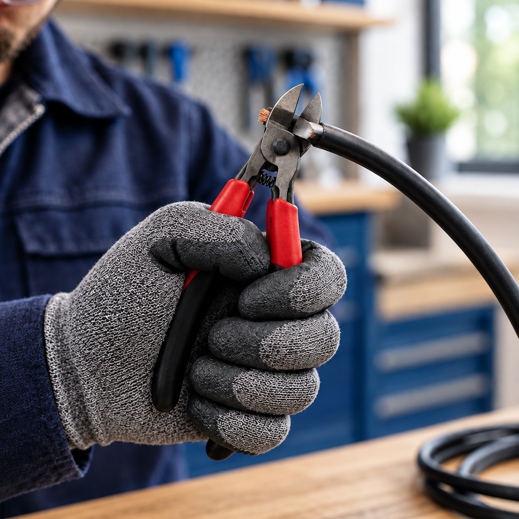 Électricien portant un gant et utilisant une pince coupante rouge et noire sur un câble