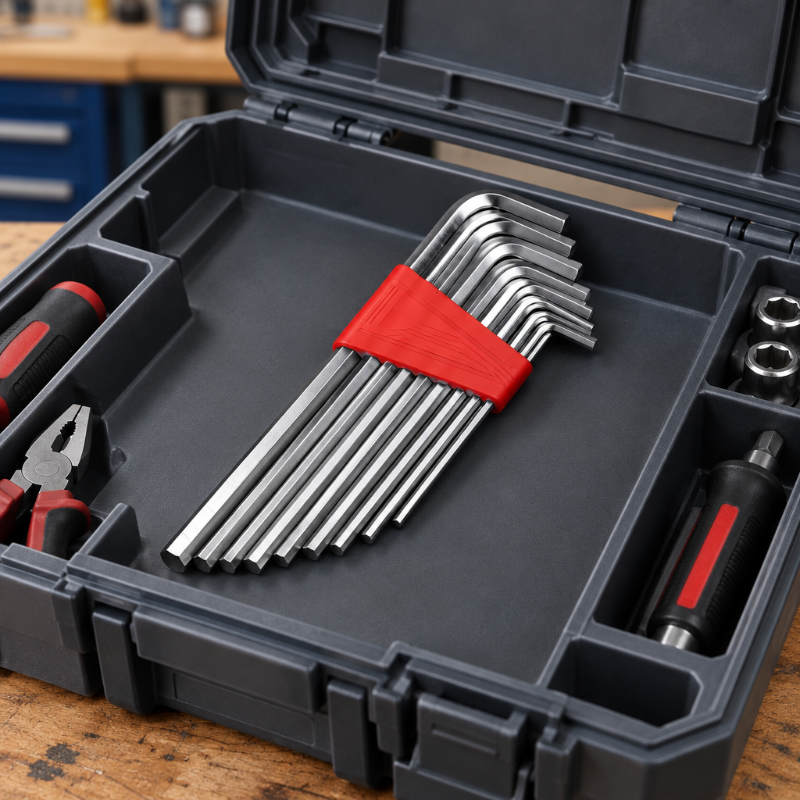 Kit de clés Allen bien visible dans une boîte à outils ouverte