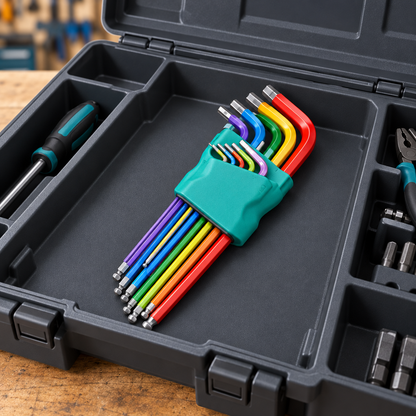 Kit de clés Allen colorées bien visible dans une boîte à outils