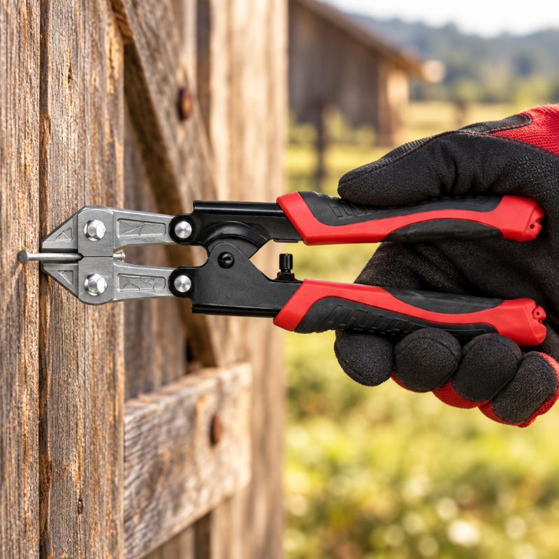 Main gantée tenant la pince coupante avec un clou entre les mâchoires