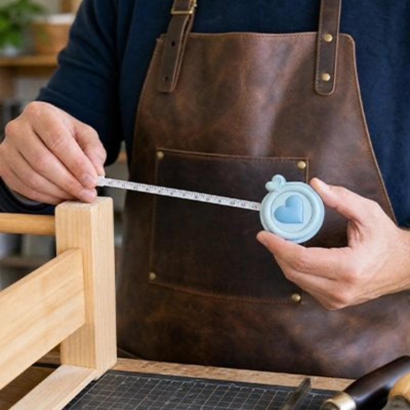 Mètre ruban bleu dans les mains d'un artisan