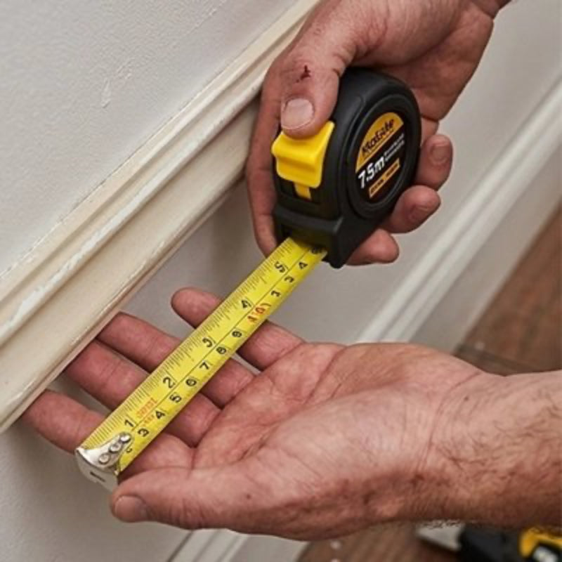 Metre ruban de 7,5m dans une main mesurant la moulure d’un mur