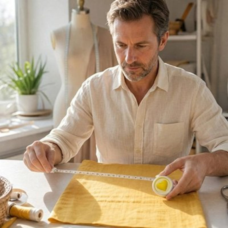 Mètre ruban jaune tenu par un couturier dans son atelier