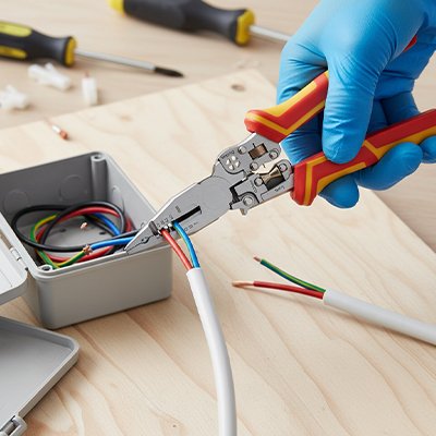 Pince a dénuder avec un électricien et une boite èlectrique