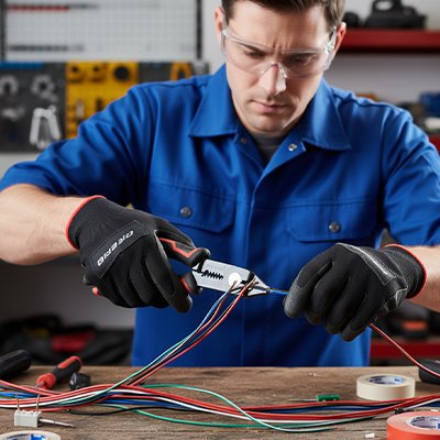 Pince a denuder avec un électricien qui dénude des fils électriques