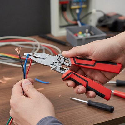 Pince a dénuder dans la main d'un électricien et des fils électriques