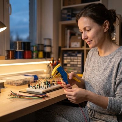 Pince a denuder dans les main d'une femme dans son atelier