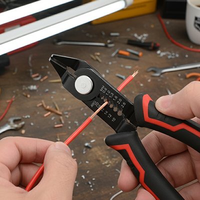 Pince a denuder dans les mains d'une personne dénudant un fil électrique