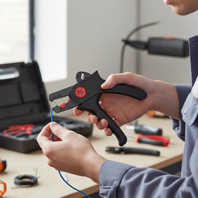 Pince a denuder et une personne dans un atelier qui dénude un fil électrique
