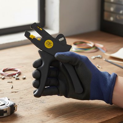 Pince a denuder jaune et noir dans une main gantée