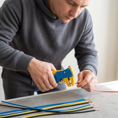 Pince a denuder utilisé par un homme dénudant des fils électriques
