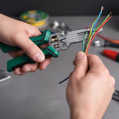 Pince a dénuder vert avec une personne et des fils électriques 