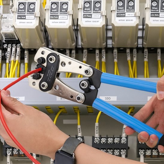 Pince a sertir​ avec un cable electrique rouge devant un poste electrique