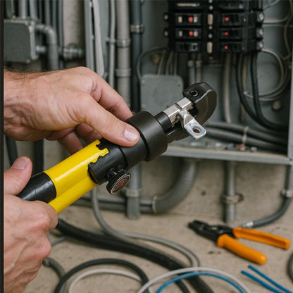 Pince a sertir​ avec un electricien devant un poste electrique