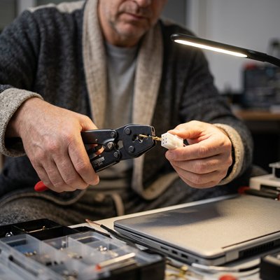 Pince a sertir avec un homme et une composante electrique