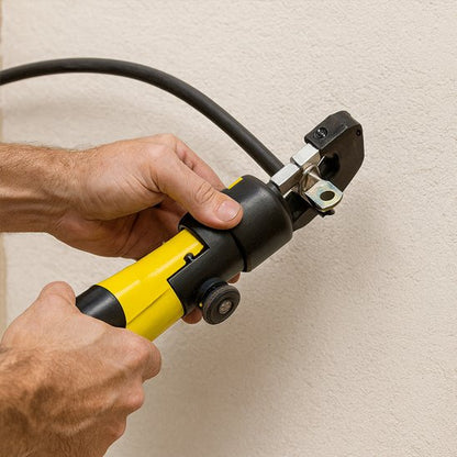 Pince a sertir​ dans les main d'un hormme sertissant un cable électrique 