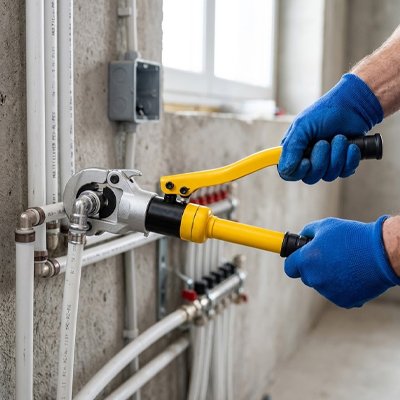 Pince a sertir multicouche​ avec un personne travaillant sur des tuyau apex