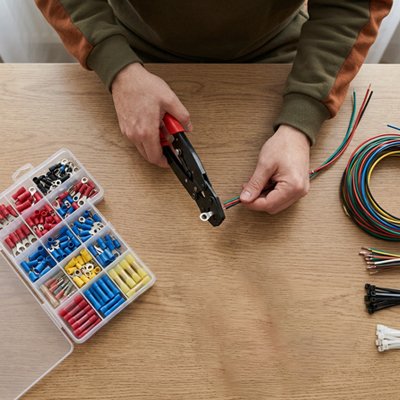 Pince a sertir rouge et noir avec une boite de bornes et des fils électriques