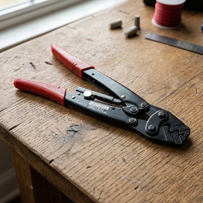 Pince a sertir rouge et noir sur une table
