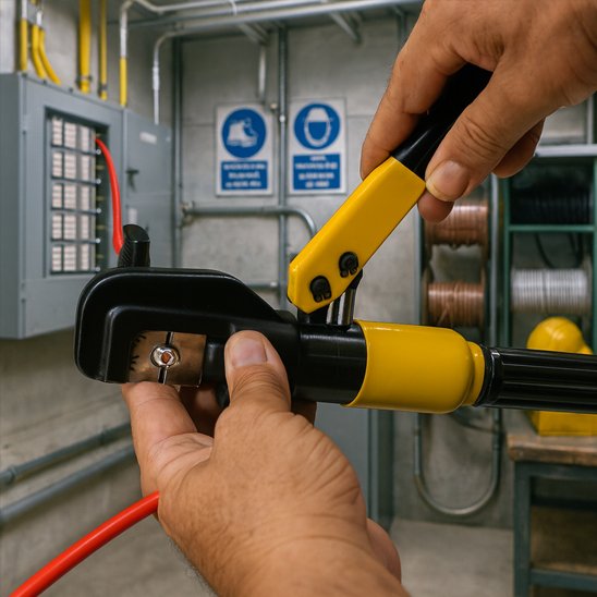 Pince a sertir​ tenu par une personne dans une chambre electrique