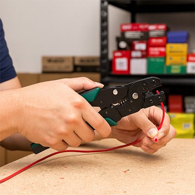 Pince a sertir vert et noir dans les mains d'une personne avec un fil rouge