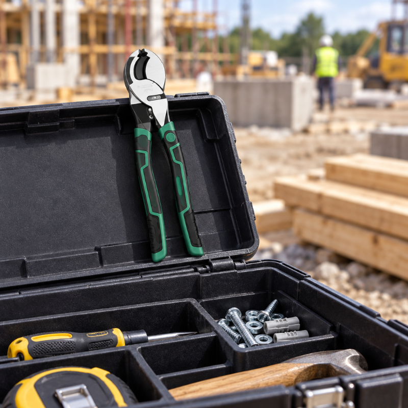 pince coupante bien visible dans une boite  à outils sur un chantier