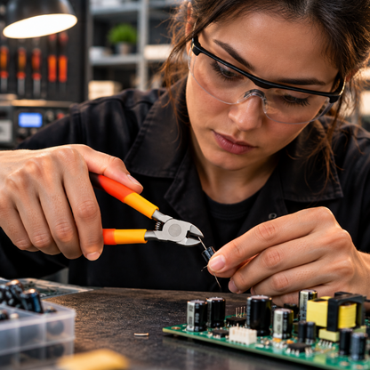 pince coupante tenue par une Femme coupant une pièce sur un composant électrique