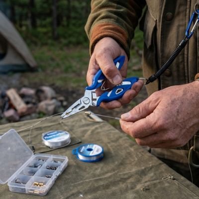 Pince multifonction bleu dans les main d'un pecheur