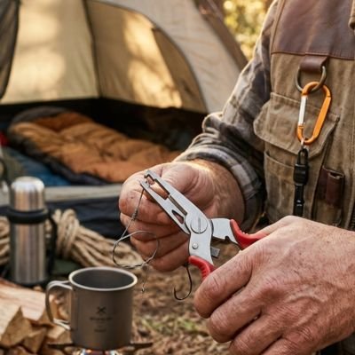 Pince multifonction tenu par un homme dans un camping