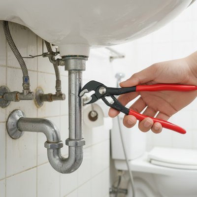 Pince multiprise rouge et noir sous un lavabos de salle de bain
