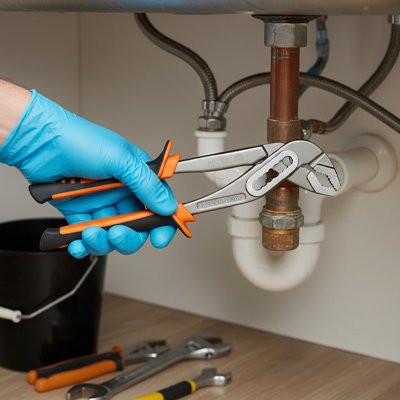 Pince multiprise utilisé par une personne sous un lavabo